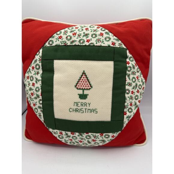 Vintage Handmade Christmas Pillow Cross Stitch Tree “Merry Christmas” Holiday - Picture 1 of 3